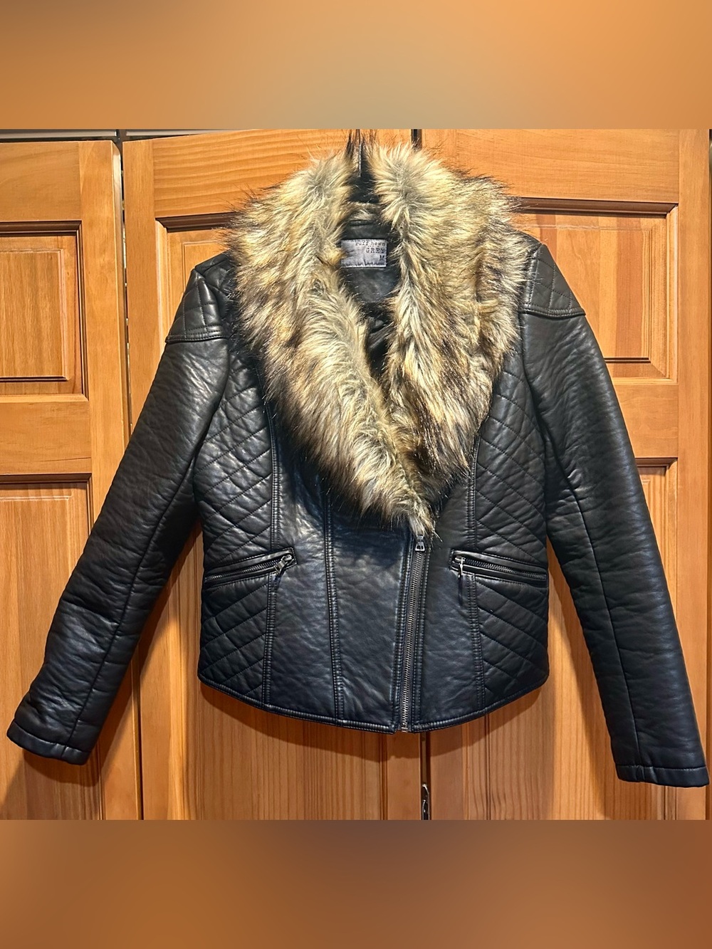Ruff Hewn Black Quilted Faux Leather Jacket with Faux Fur Shawl Collar